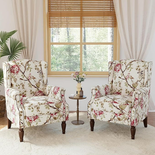 Lumibee Wingback Accent Chair, 2 Set High Back Floral Armchairs in Fabric,Comfy Upholstered Reading Single Sofa Chairs with Solid Wood Legs for Living Room,Bedroom,Office-Floral Beige