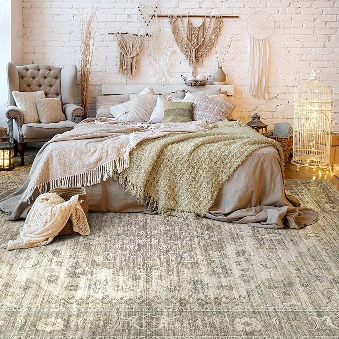 Washable Area Rugs for Living Room - 5x7 Neutral Vintage Distressed Floral Farmhouse Boho Large Soft Floor Rug Indoor Non Slip Carpet for Living Room Bedroom Dining Room Office - Brown/Tan