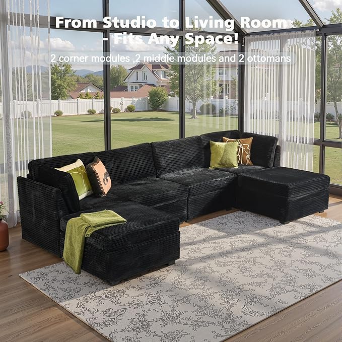 Modular Sectional Sofa, 130.7 Inch U Shaped Couch Set for Living Room, 4-Seater Comfy Cloud Couches with Two Movable Ottoman, Plush Corduroy, Black