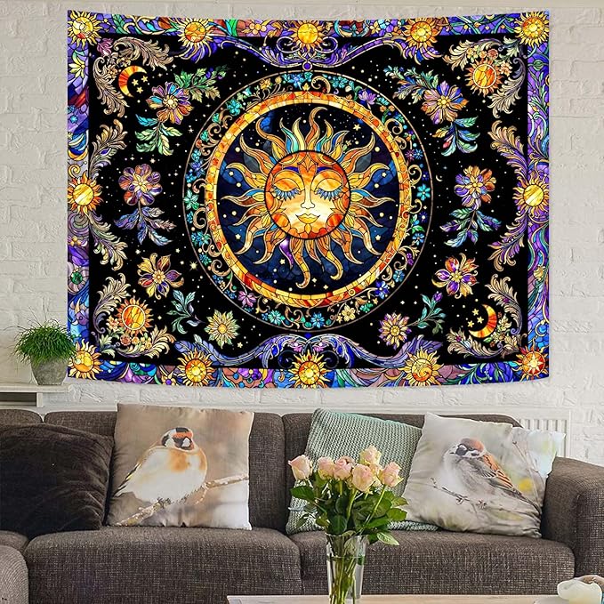 Lunerfex Sun Tapestry Stained Glass Tapestry Wall Decor Tapestries for Bedroom Boho Tapestries Wall Hanging for Bedroom Living Room Glass-Sun-01 60"x80"