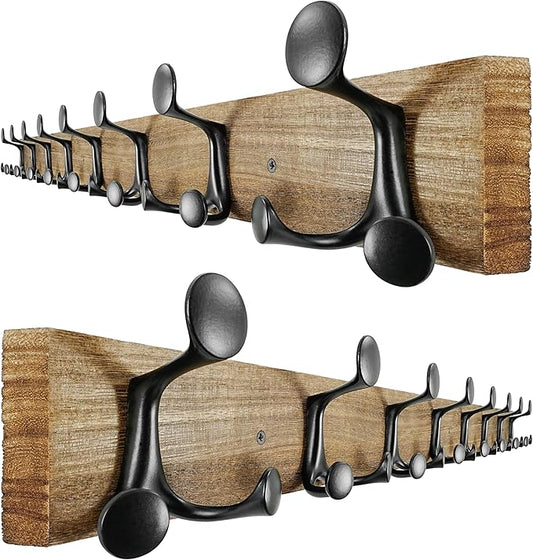 SKOLOO 43-Inch Wood Burnt Coat Rack Wall Mount with 8 Triple Hooks - Ideal for Family Entrances, Classrooms, and Pet Supplies Storage - Perfect Coat Hooks for Wall, Pack of 2