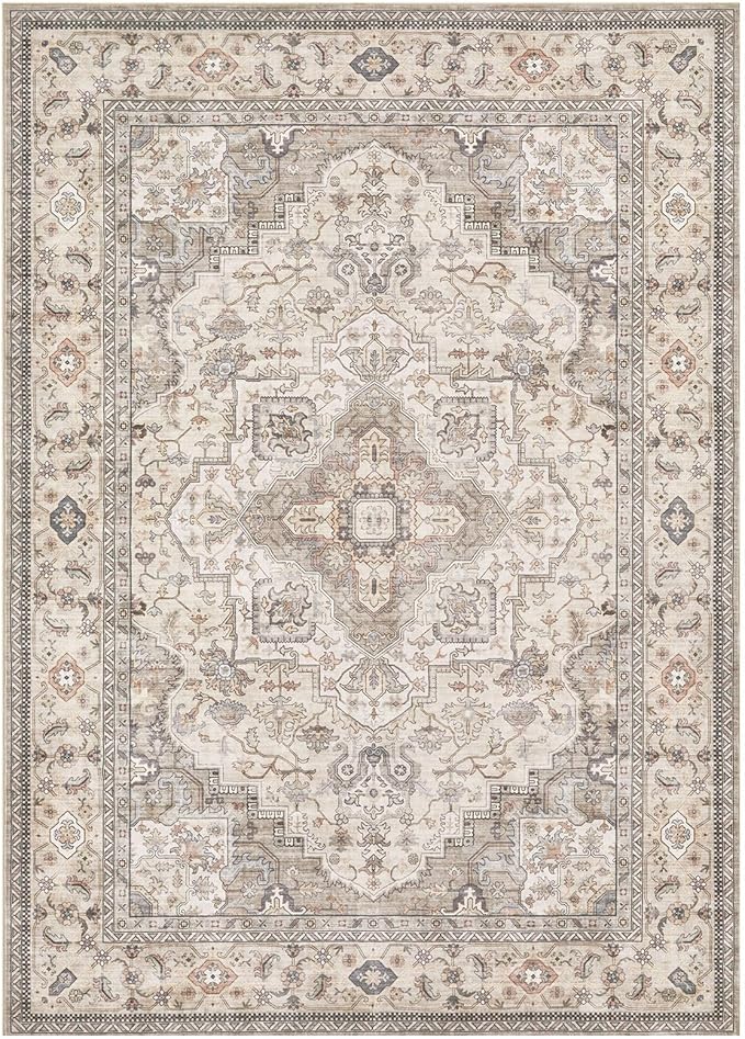 Washable Area Rugs for Living Room -10x12 Neutral Vintage Distressed Floral Farmhouse Boho Large Soft Floor Rug Indoor Non Slip Carpet for Living Room Bedroom Dining Room Office-Brown/Multi