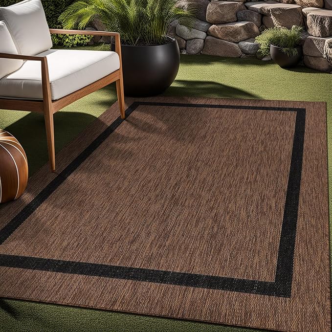 Bordered Outdoor Rug 6x9 Washable Outside Carpet for Indoor Patio Porch Waterproof Easy Cleaning Non Shedding Area Rugs Nut Brown - Black 6 x 9