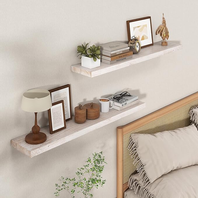 Axeman Floating Shelves for Wall - 40''W x 8'' D Rustic Solid Elm Wood Shelves for Storage, Wall Mounted Display Shelving with Invisible Heavy-Duty Metal Bracket (White Wash, 2PCs)