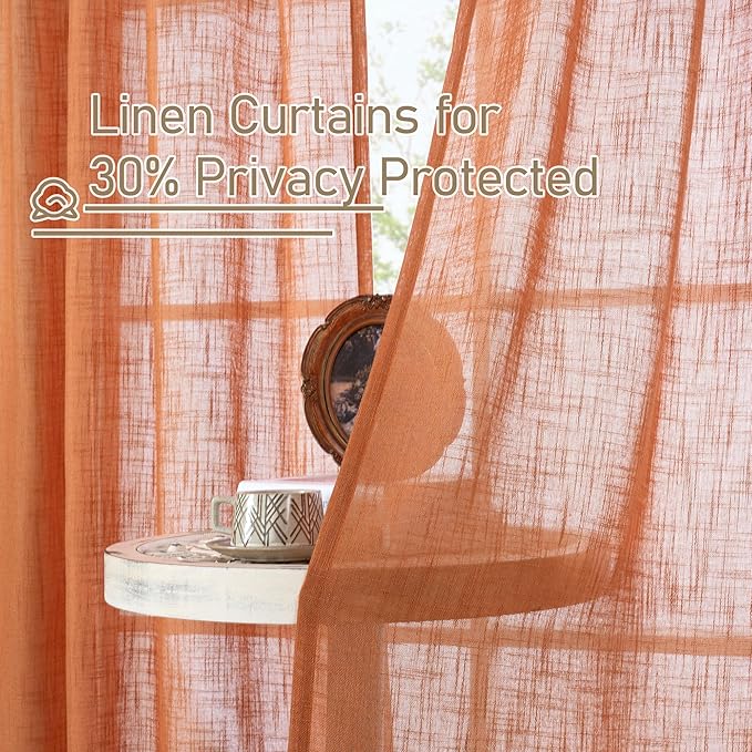 LAMIT Burnt Orange Semi Sheer Linen Curtains 63 Inch Length, Light Filtering Panels Bronze Grommet Country Decor Drapes for Bedroom/Living Room, 2 Panels, 34 x 63 Inch