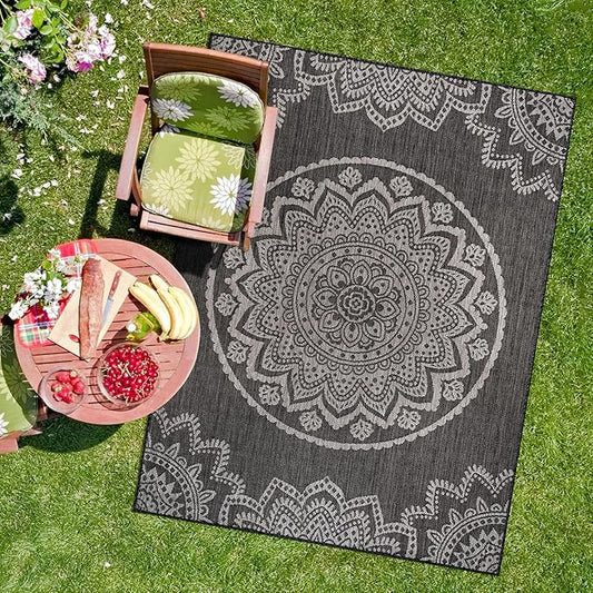 CAMILSON Outdoor Rug 8x10 Modern Area Rugs for Indoor and Outdoor Patios and Porches - Waterproof, Non-Shedding, Easy-to-Clean Outside Carpet (8 x 10, Medallion - Dark Grey/Light Grey)