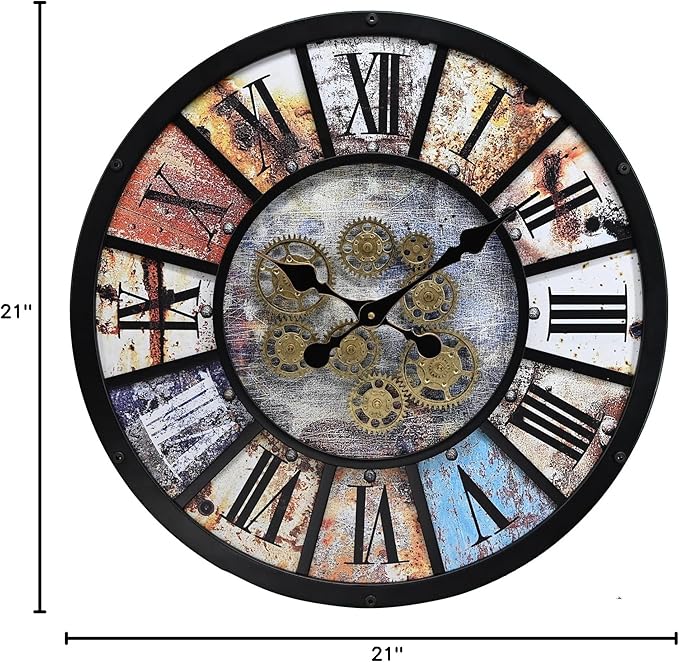 Unique Moving Gear Extra Large Wall Clock 21"-Battery Powered. Retro Industrial Steampunk Country Farmhouse Decor for Living Room, Kitchen,Bars, Restaurants, cafes, Offices(Black- 21")