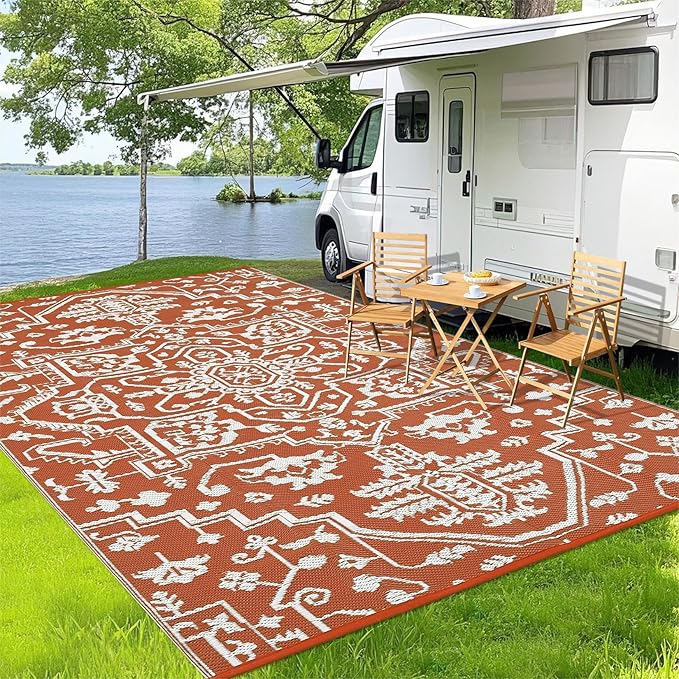 Waterproof Outdoor Rug 9x18 Reversible Plastic Straw Patio Rug, Stain-Resistant Vintage Medallion Carpet, Large Indoor Outdoor RV Mat for Deck, Camping, Balcony, Vintage Terracotta Brick/White