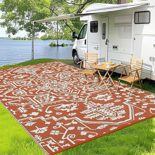 Waterproof Outdoor Rug 9x18 Reversible Plastic Straw Patio Rug, Stain-Resistant Vintage Medallion Carpet, Large Indoor Outdoor RV Mat for Deck, Camping, Balcony, Vintage Terracotta Brick/White