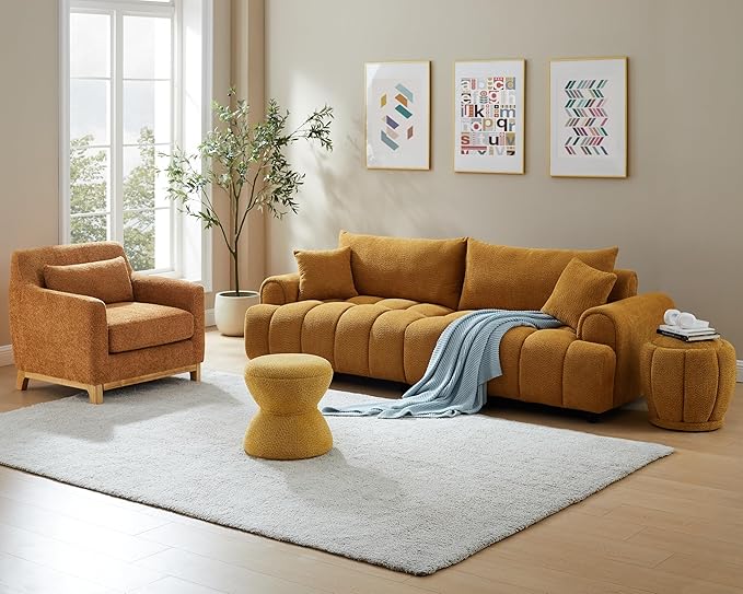 Extra Deep Accent Chair, Fabric Upholstered Comfy Reading Armchair for Living Room, Bedroom Single Seat Sofa Chair with Wood Base, Curry