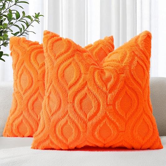 decorUhome Fall Throw Pillow Covers 20x20 Inch Set of 2, Soft Plush Decorative Faux Fur Orange Solid Couch Pillow Covers, Accent Farmhouse Neutral Square Euro Pillow Cases for Sofa Bed Living Room