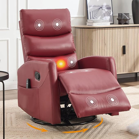 Manual Swivel Rocker Recliner Chair for Adults, Overstuffed Reclining Glider Chair for Nursing with Vibration Massage & Heat, Living Room Rocking Recliner 3-Stage backrest, Faux Leather Red