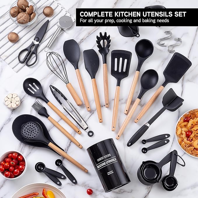 Country Kitchen Non Stick Silicone Utensil Set with Rounded Wood Handles for Cooking and Baking, 38 Piece Set, Black