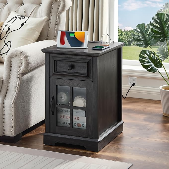 Farmhouse XXL End Table with Charging Station, Side Table with USB Ports and Outlets, Nightstand with Drawer and Glass Door Storage, Grey Bedside Tables for Living Room, Bedroom, Office