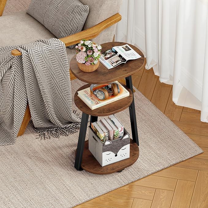 Side Table, Small End Table with Metal Frame, 3-Tier Bedside Tables, Round Side Tables for Living Room Bedroom Couch Bathroom, Oval, Vintage Brown