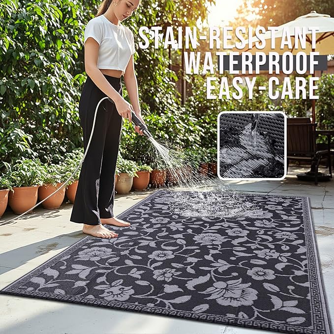 OLANLY Waterproof Outdoor Rug 5x8 ft, Outdoor Plastic Straw Rug with Flower Pattern, Reversible RV Mat for Patio, Camping, Balcony, Deck, Backyard, Black & Grey