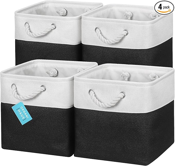 OrganiHaus 11x11 Cube Storage Bins 4 Pack, Foldable Cube Storage Organizer w/ Rope Handles, Collapsible Fabric Bins for Toys, Clothes & Closet Organization, Fabric Square Baskets - Black/White