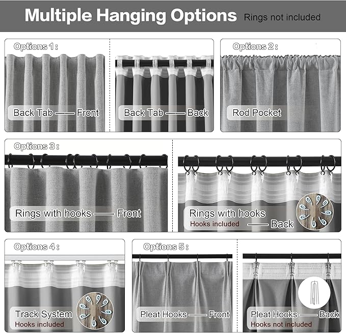 RAIN CITY 102 Inch Long Blackout Curtains 2 Panels Set,70 Inch Wide Back Tab Pleated Curtains with Hooks Track System,Energy Efficinet Linen Blend Drapes for Dining Room Hoom Office 70x102,Grey