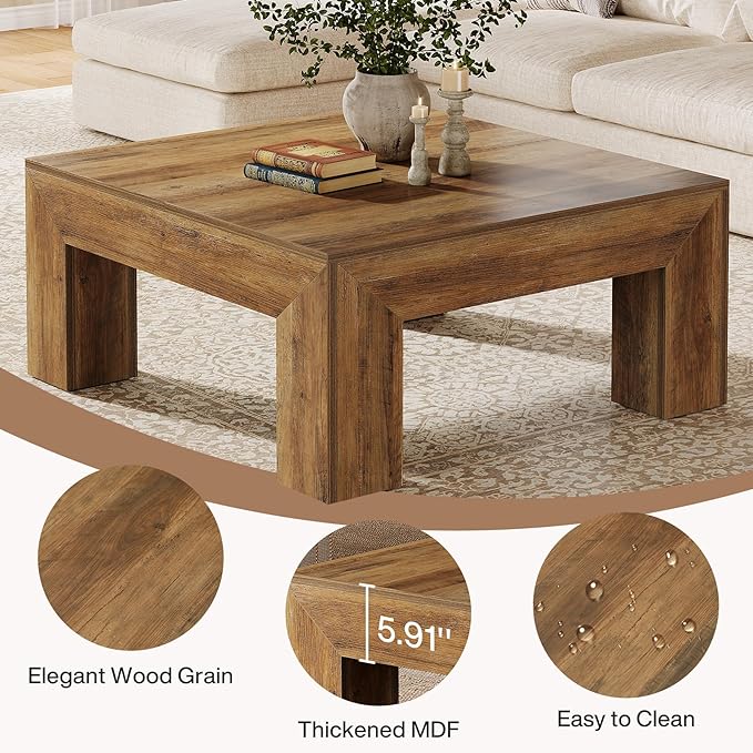Tribesigns 39.4-Inch Square Coffee Table for Living Room, Farmhouse All MDF Accent Center Cocktail Table with Sturdy Wooden Legs, Easy Assembly, Rustic Brown