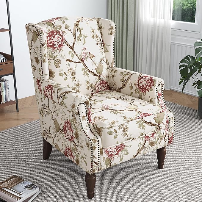 Lumibee Wingback Accent Chair,High Back Floral Armchairs in Fabric,Comfy Upholstered Reading Single Sofa Chair with Solid Wood Legs for Living Room,Bedroom,Office-Floral Beige
