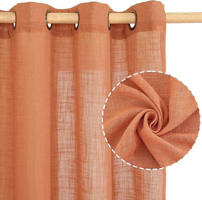 LAMIT Linen Curtians for Living Room 72 Inch Length, Bronze Grommet Light Filtering Semi Sheer Neutral Lightweight Rustic Farmhouse Boho Drapes for Bedroom, 2 Panels, Burnt Orange, 52 x 72 Inch