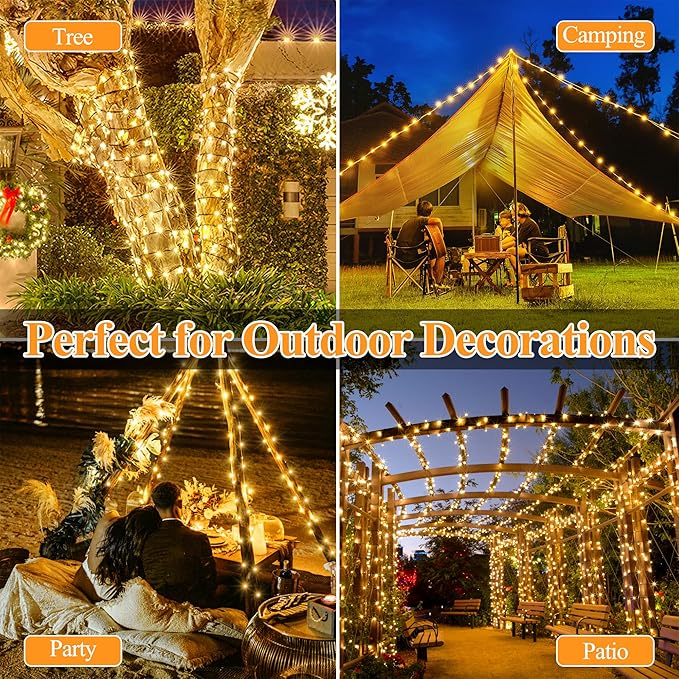 Solar String Lights 120LED 40FT, IP67 Waterproof Solar Lights for Outside with 8 Lighting Modes, Upgraded Solar Panel Fairy Lights for Garden Party Wedding Decorations (Warm White)