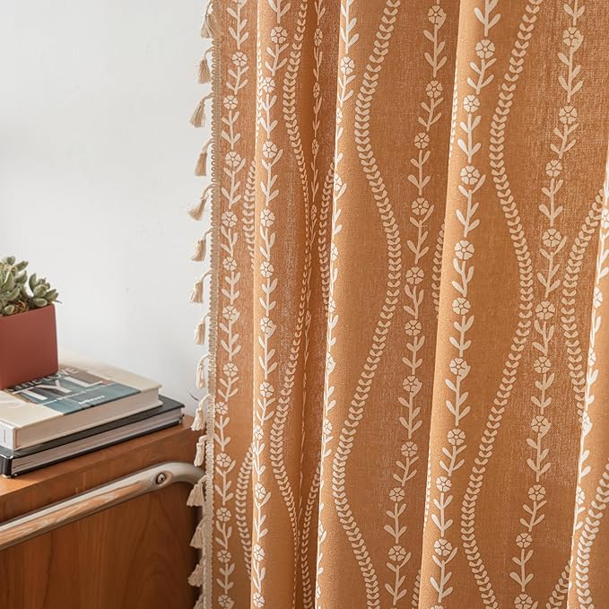 Sutuo Home Boho Curtains 84 Inches Length for Bedroom Living Room, Printed Cotton Linen Rod Pocket Rustic Farmhouse Bohemian Tassels Window Treatment, 1 Panel 59" W x 84" L, Terracotta Stripe Florals