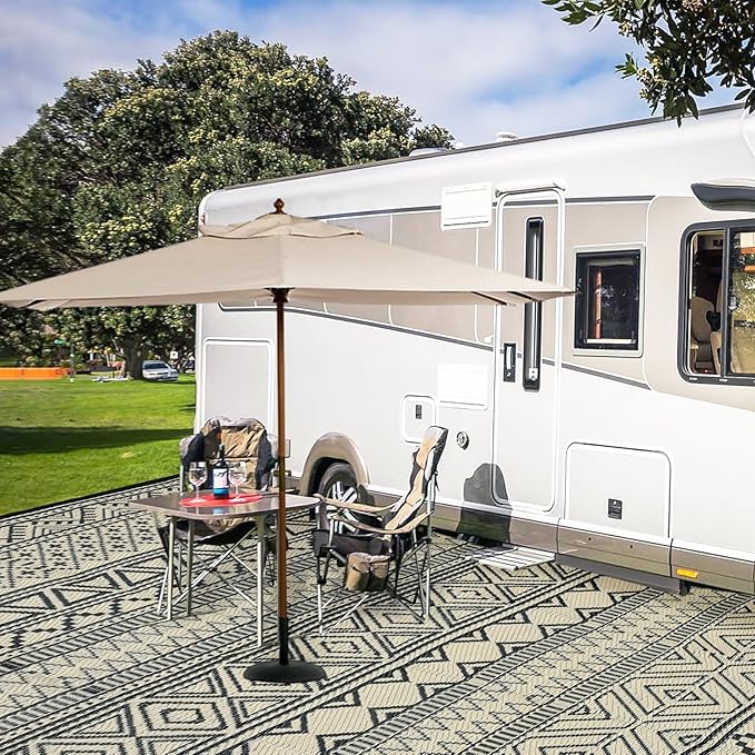 GAOMON Outdoor Rug 9'x12' Waterproof Rug for Patio Decor, Foldable Reversible Plastic Straw Area Rugs Mat for Camper, Outside Carpet for Deck, Porch, Picnic, Beach, Black/Coffee(Bohemia)