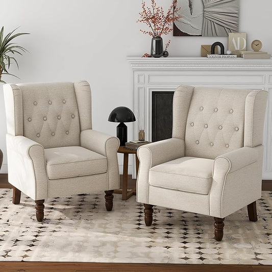 Lumibee High Back Accent Chair Set of 2,Upholstered Wingback Armchair with Solid Wood Legs for Small Spaces,Comfy Single Sofa Chair for Living Room,Bedroom,Office-Beige
