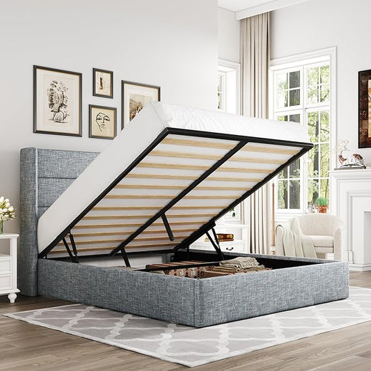 Allewie Full Size Lift Up Storage Bed, Modern Wingback Headboard, Hydraulic Support, No Box Spring Needed, Grey Blue