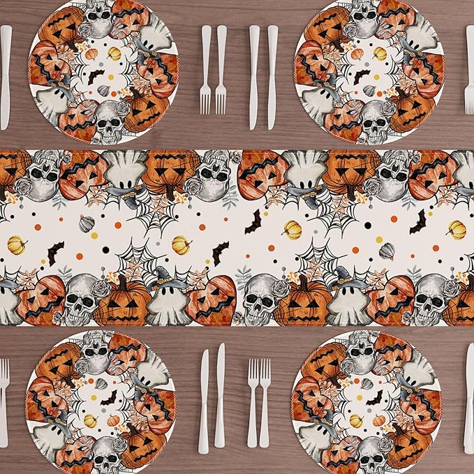 XCHI Spooky Skeleton Ghost Pumpkin Halloween Round Placemats Set of 4 Table Mats for Party Home Kitchen Dining Table Decorations 14x14 Inch