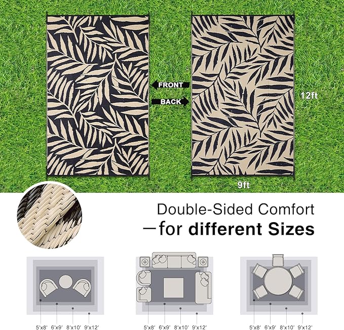 OLANLY Waterproof Outdoor Rug 9x12 ft, Reversible Outdoor Plastic Straw Rug with Leaf Pattern, RV Mat, Indoor Outdoor Carpet for Patio, Camping, Balcony, Deck, Backyard, Black & Beige