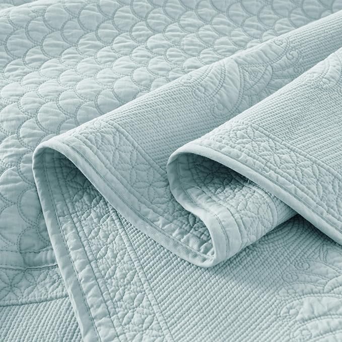 MarCielo 3-Piece 100% Cotton Oversized Bedspread Lightweight Quilt Coverlet Embroidery Farmhouse Bedding Set (TM Mint Green, Oversized Queen (100"x106"))