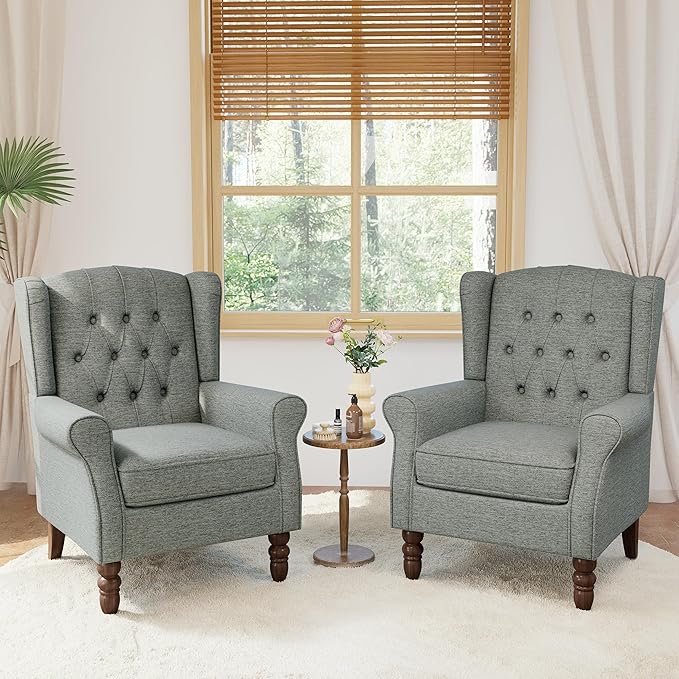 Lumibee High Back Accent Chair Set of 2,Upholstered Wingback Armchair with Solid Wood Legs for Small Spaces,Comfy Single Sofa Chair for Living Room,Bedroom,Office-Gray