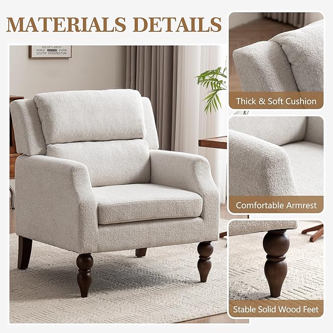 Kidol & Shellder Beige Oversized Accent Chair for Living Room Mid Century Modern Reading Chair with Back Wide Upholstered Comfy Single Sofa Chair for Bedroom Lounge Side Corner Boucle Fabric Armchair