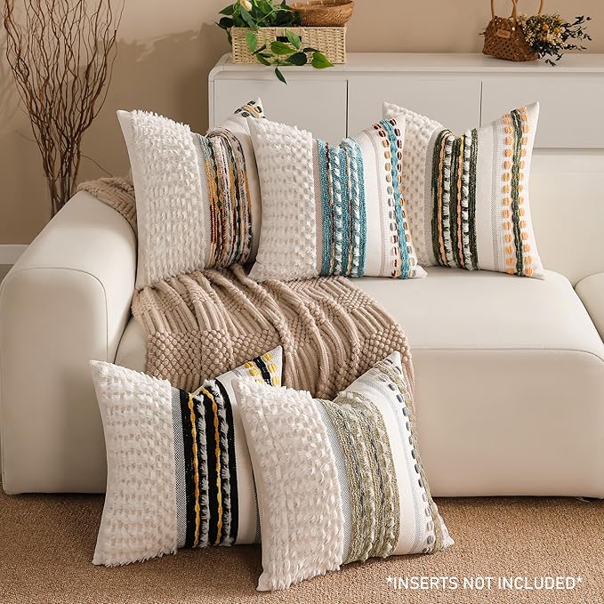 Boho Chenille Tufted Couch Throw Pillow Covers 18x18 Inch Set of 2 Farmhouse Striped Decorative Pillow Covers Accent Neutral Pillowcase Forest Cushion Cover for Living Room Sofa Bed