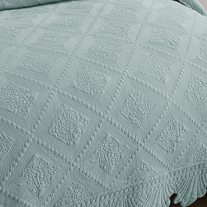 MarCielo 3-Piece 100% Cotton Oversized Bedspread Lightweight Quilt Coverlet Embroidery Farmhouse Bedding Set (Tk Aqua Green, Oversized King (118"x106"))