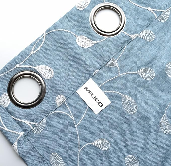 MIUCO Floral Embroidered Semi Sheer Curtains Faux Linen Grommet Curtain Set for Bedroom 52 x 95 Inch, Dusty Blue