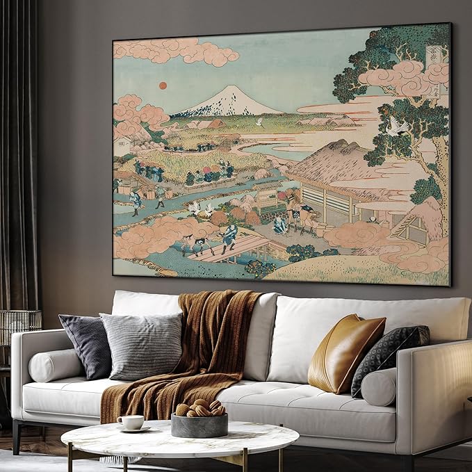 SIGNWIN 36"x46" Extra Large Framed Wall Art Japanese Ukiyo-e Landscape, Timeless Mt. Fuji Scene for Zen-Inspired or Asian-Style Interiors for Home Living Room Bedroom Decor (Frame Assembly Required)