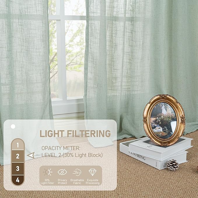 LAMIT 72 Inch Linen Sheer Curtains for Bedroom, Linen Textured Light Filtering Drapes Bronze Grommet Boho Neutral Panels for Farmhouse/Living Room, 2 Panels, 52 x 72 Inch, Light Sage