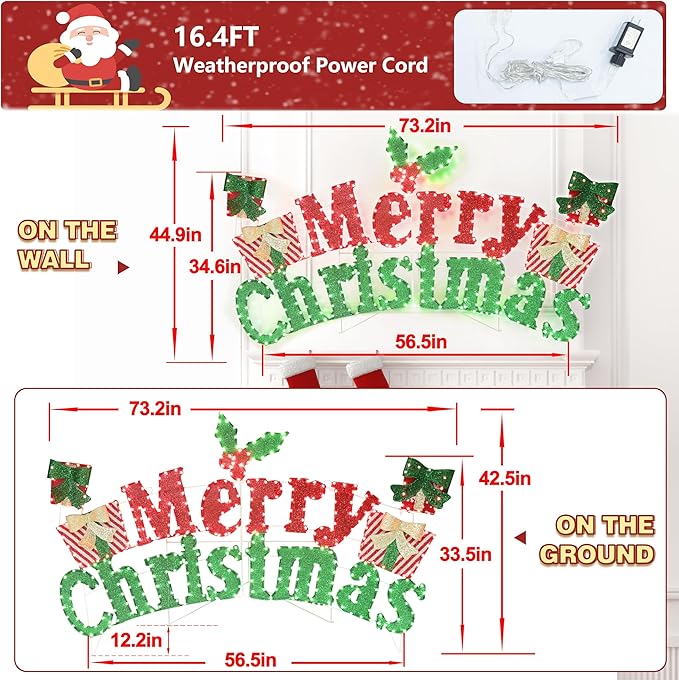 6FT Merry Christmas Sign for Decoration, 2-in-1 Pre-Lit Holiday Greeting Sign Decor with 456 LED Lights, Freestanding or Hanging Glittered Holiday Display for Outdoor, Indoor