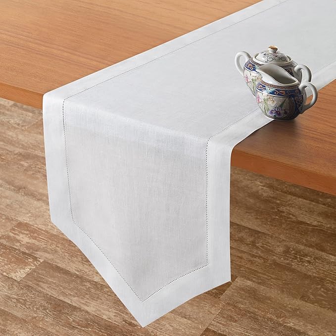 D'Moksha Homes White Linen Table Runner 72 Inches Long - 100% Pure Linen Diamond Table Runner 14 x 72 Inch for Dining, Fall and Halloween - Machine Washable