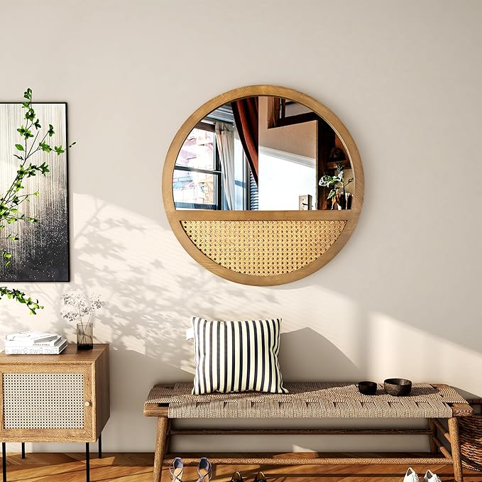Rattan Round Mirror, 24 Inch Wall Mirror for Living Room Decor, Wooden Framed, Vintage Hanging Mirror, Hand-Woven for Wall Art Decoration