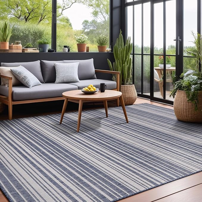 Stripe Outdoor Rug 6x9 Washable Outside Carpet for Indoor Patio Porch Waterproof Easy Cleaning Non Shedding Area Rugs Blue 6 x 9