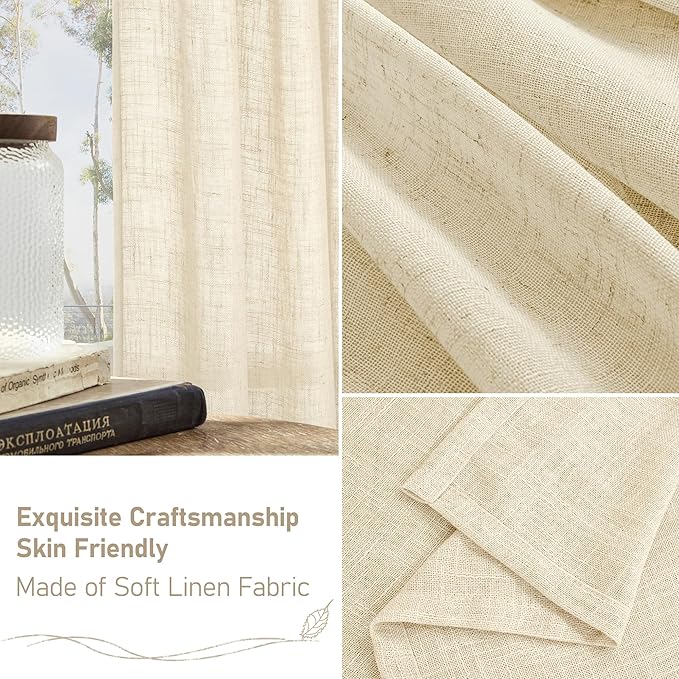 LAMIT Short Linen Window Curtains 30 Inches Long 2 Panels, Beige Semi Sheer Light Filtering Panels Bronze Grommet Neutral Drapes for Basement/Small Windows, 34 x 30 Inch