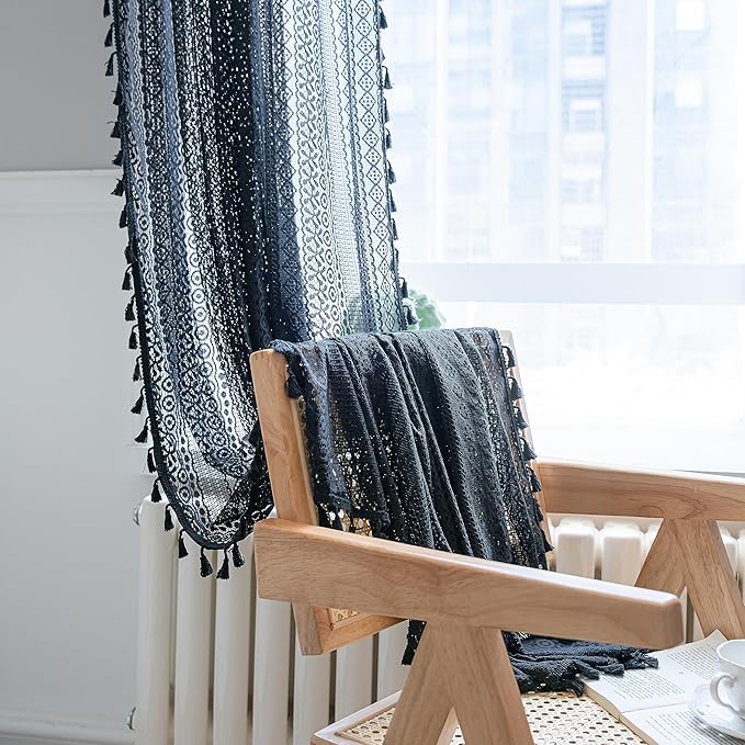 Sutuo Home Black Crochet Boho Curtain 63 Inches Length, Sheer Lace Handmade Tassels Knitted Window Treatment Vintage Rustic Bohemian Farmhouse Drape for Bedroom Rod Pocket 1 Panel 59" W x 63" L