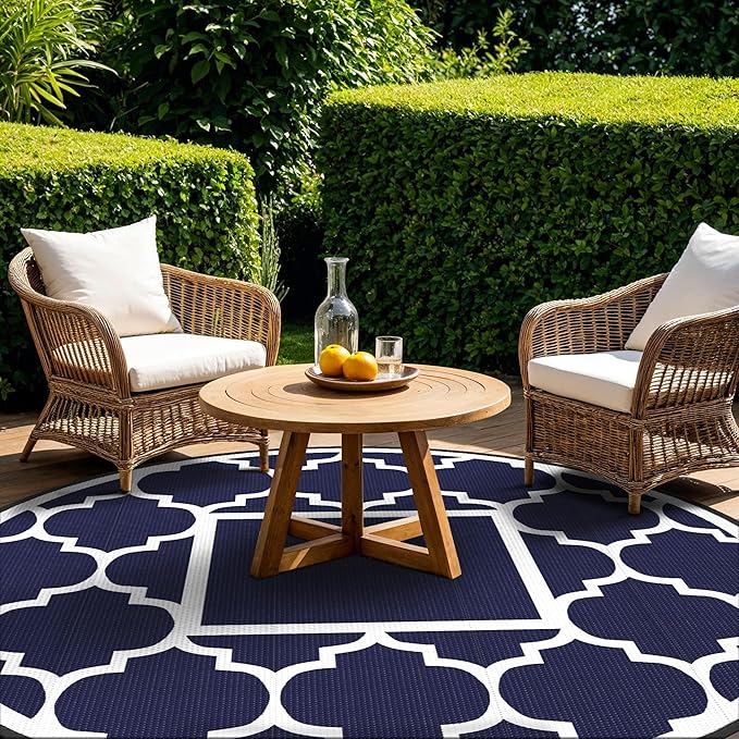 GENIMO 10 ' Round Outdoor Rug for Patio, Waterproof Indoor Outdoor Plastic Straw Rugs Carpet, Reversible Outside Area Mat for Camping, Balcony Porch, Deck, Picnic, Blue White