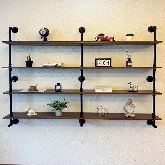 Industrial Pipe Wall Shelves With Real Wood Plank, 70 Inches Floating Shelves for Wall, 4 Tier Farmhouse Book Shelves, Dark Brown for Kitchen, Living Room Decor and Bar