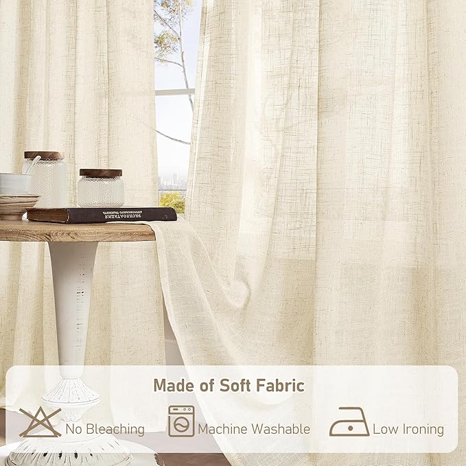 LAMIT Short Linen Window Curtains 30 Inches Long 2 Panels, Beige Semi Sheer Light Filtering Panels Bronze Grommet Neutral Drapes for Basement/Small Windows, 34 x 30 Inch
