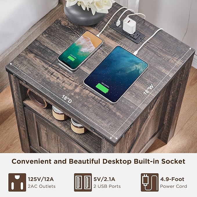OKD Nightstand with Charging Station Set of 2, 18 Inchs Farmhouse End Table with Adjustable Storage Shelf, Rustic Wood Sofa Side Table for Bedroom